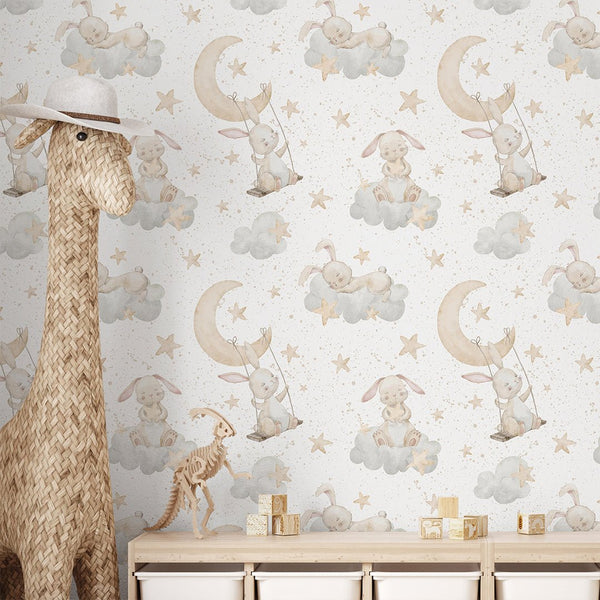 Beige Bunnies on Clouds Wallpaper S107 - CostaCover - Peel and stick Removable Wallpaper - accent wallpaper - adhesive wallpaper - animal print