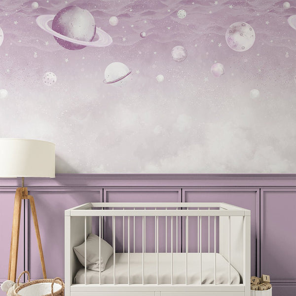 Lilac Planets in Space Wall Mural SM088 - CostaCover - Peel and stick Removable Wallpaper - accent wallpaper - adhesive wallpaper - baby bedroom