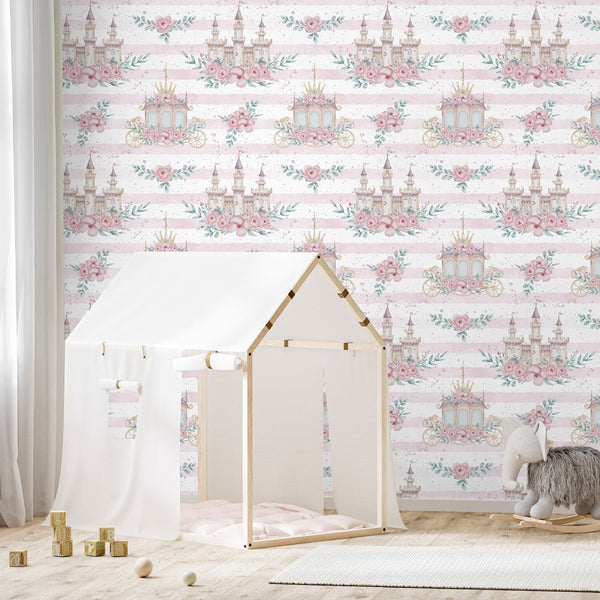 Pink Kingdom & Stripes Wallpaper A042 - CostaCover-Peel and stick Removable Wallpaper-accent wallpaper-adhesive wallpaper-baby bedroom