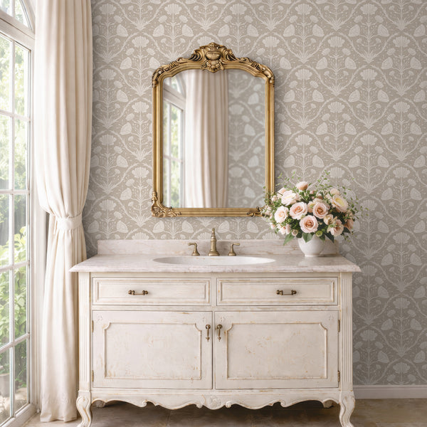 Beige wallpaper with dense floral patterns and acanthus columns, offering a vintage touch to bedrooms. The tonal palette and classic two-tone effect suit French country and cottagecore decor.