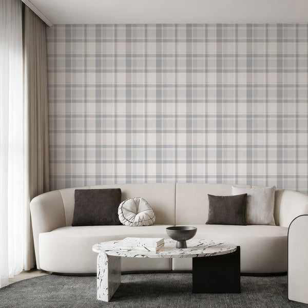 Country cottage wallpaper with soft blue gray, cream and muted sage gray plaid checks, ideal for farmhouse living rooms and vintage-inspired decor.