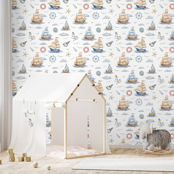 Blue Beige Nautical Wallpaper A067 - CostaCover-Peel and stick Removable Wallpaper-abstract wall art-abstract wallpaper-accent wallpaper