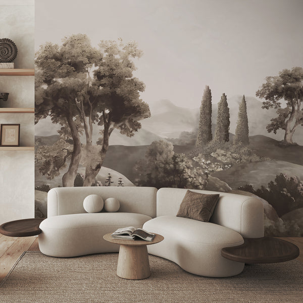 Neutral brown landscape wall mural with vintage trees, rolling hills and soft sepia tones, creating a timeless countryside look for a bedroom or living room.