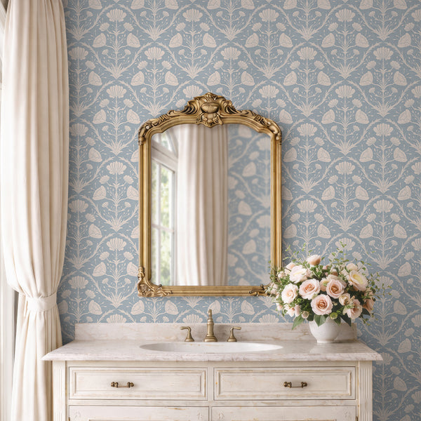 Desaturated blue floral pattern with linen-like texture, perfect for a welcoming living room. Self-adhesive, easy to apply, made in the USA.