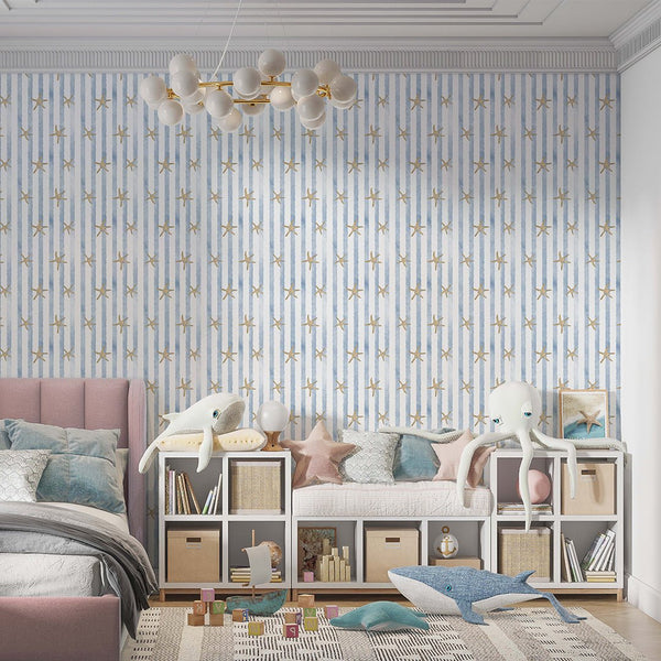 Blue Stripes & Starfish Wallpaper A068 - CostaCover-Peel and stick Removable Wallpaper-abstract wallpaper-accent wallpaper-adhesive wallpaper