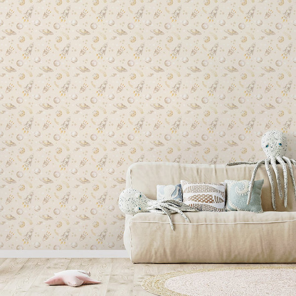 Beige Spaceships & Planets Wallpaper S121 - CostaCover-Peel and stick Removable Wallpaper-accent wallpaper-adhesive wallpaper-baby bedroom