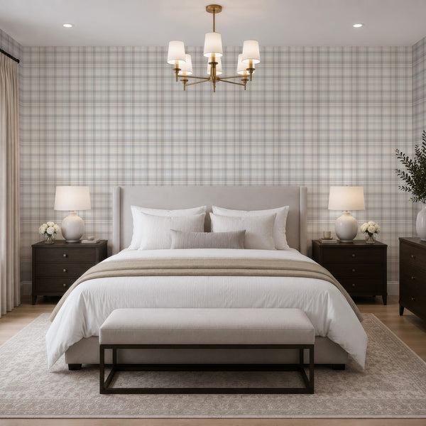 Geometric checkered wallpaper featuring pale blue, warm taupe, and ivory tones with fine zigzag texture effects and a classic tartan arrangement.