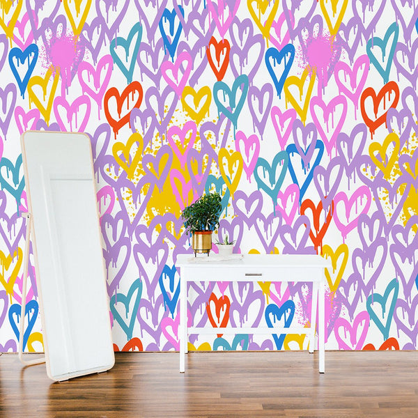 Colorful Graffiti Hearts Wall Mural WM046 - CostaCover - Peel and stick Removable Wallpaper - Abstract - abstract lines - abstract wall art
