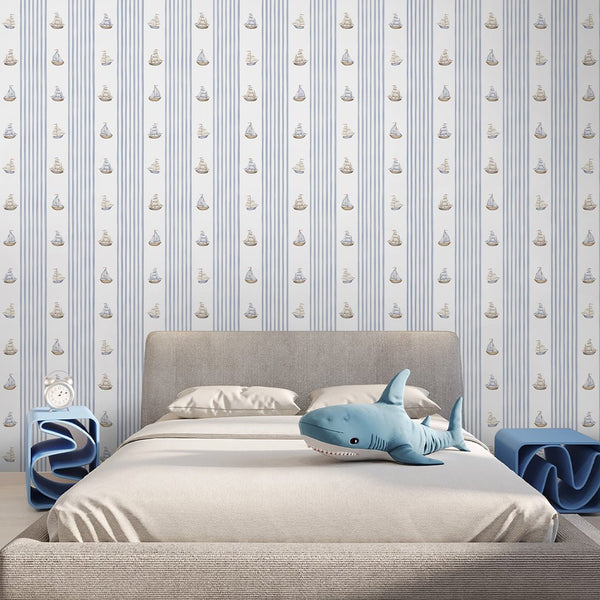 Blue Stripes & Sailboats Wallpaper A069 - CostaCover-Peel and stick Removable Wallpaper-abstract wall art-abstract wallpaper-accent wallpaper