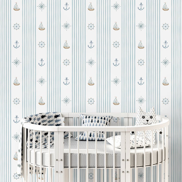 Turquoise Stripe & Sailboat Wallpaper A070 - CostaCover-Peel and stick Removable Wallpaper-abstract wall art-abstract wallpaper-accent wallpaper