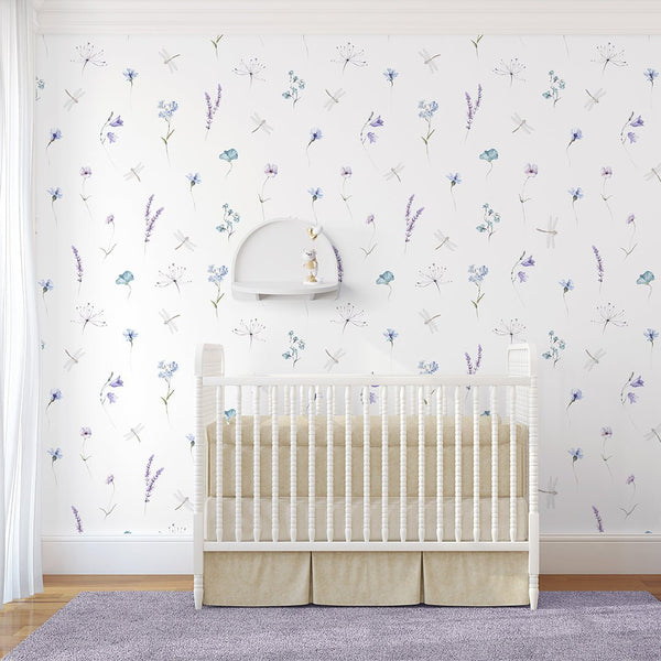Blue Purple Wildflowers Wallpaper S081 - CostaCover - Peel and stick Removable Wallpaper - accent wallpaper - adhesive wallpaper - Aqua blue wallpaper