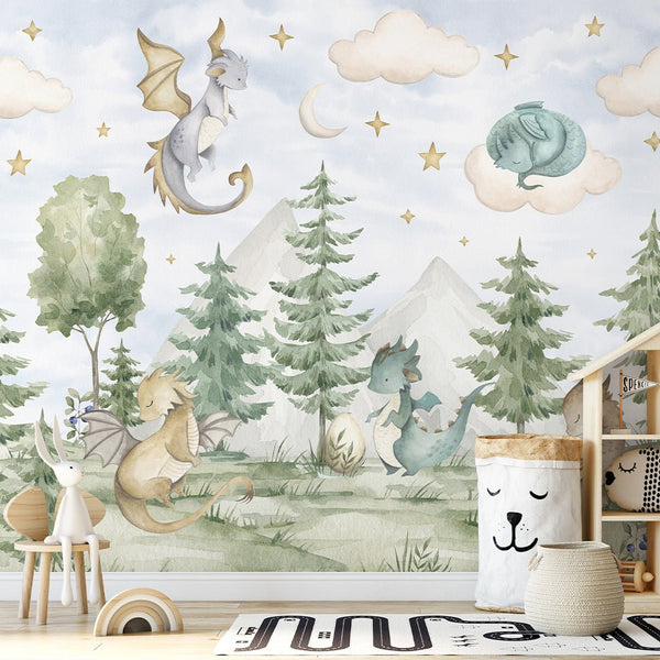 Dragons in Forest Wall Mural SM037 - CostaCover - Peel and stick Removable Wallpaper - accent wallpaper - adhesive wallpaper - baby bedroom