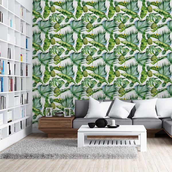 Tropical Leaves & Pineapples Wallpaper CC044 - CostaCover - Peel and stick Removable Wallpaper - bathroom wallpaper - bedroom interior - Colorful Stick on Wall cover for renters