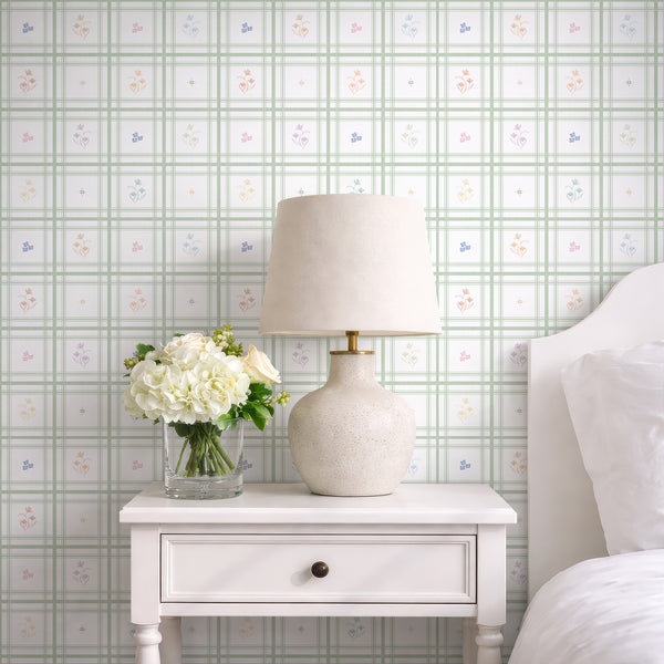 Green Plaid Floral Wallpaper L151