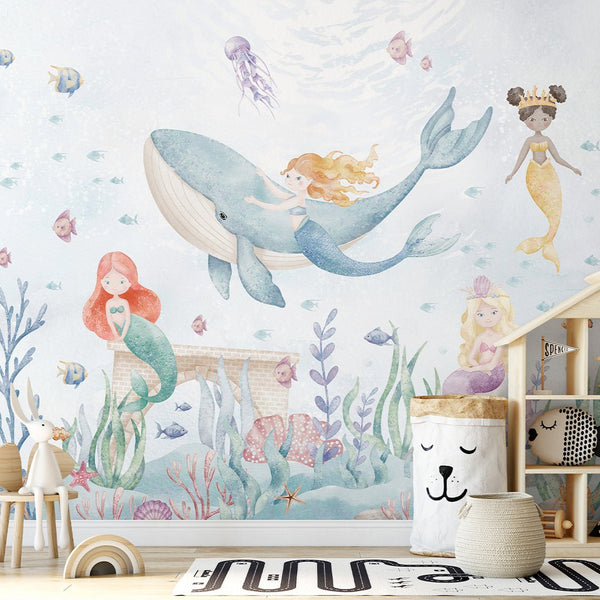 Mermaids and Whale Wall Mural SM066 - CostaCover - Peel and stick Removable Wallpaper - accent wallpaper - adhesive wallpaper - ariel mermaid