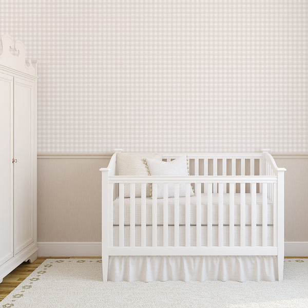 Beige gingham inspired wallpaper with a structured plaid pattern, fine striped texture, and soft neutral coloring for farmhouse and preppy interiors.