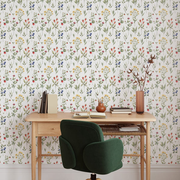 Yellow Flowers & Berries Wallpaper W075 - CostaCover - Peel and stick Removable Wallpaper - abstract wallpaper - accent wallpaper - adhesive wallpaper