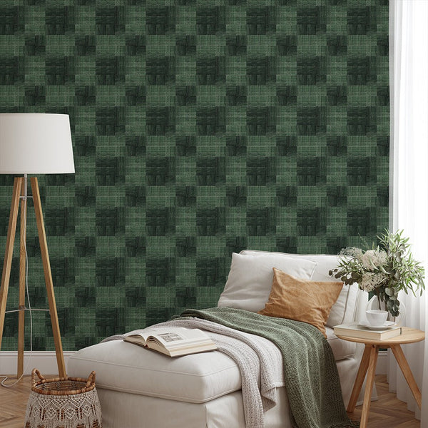 Dark Green Checker Grasscloth Wallpaper CG027 - CostaCover - Traditional Wallpaper - Abstract - Abstract Labyrinth Lines - abstract lines