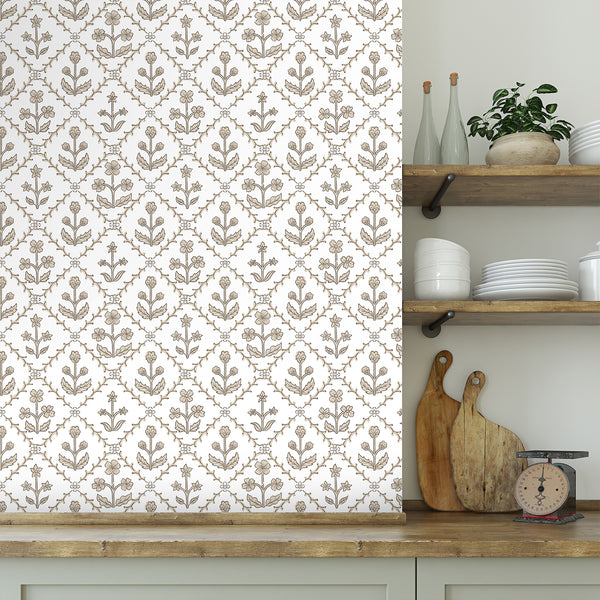 Beige Floral Lattice Wallpaper L120