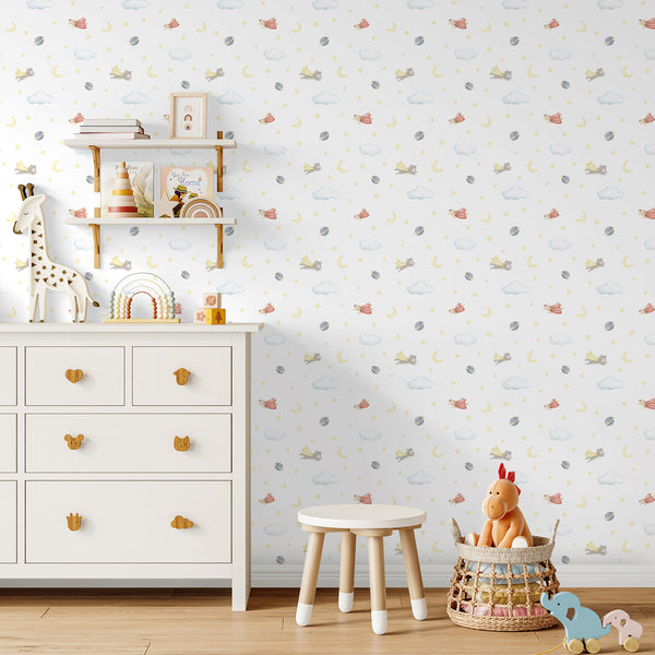 Cute flying cat and dog wallpaper with a hand-painted gray kitten wearing a golden superhero cape, perfect for a nursery, playroom, or toddler bedroom.