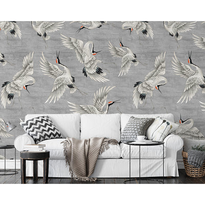 Flying Gray Japanese Cranes Wall Mural WM114