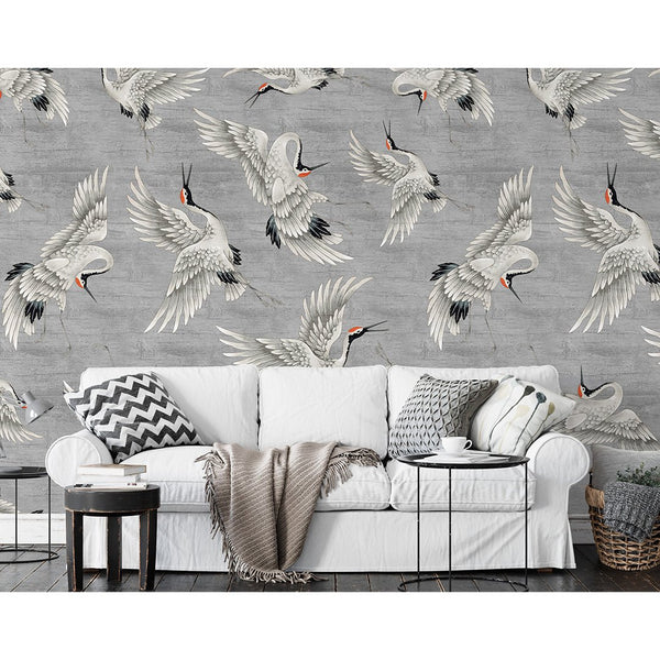 Flying Gray Japanese Cranes Wall Mural WM114 - CostaCover - Peel and stick Removable Wallpaper - accent wallpaper - adhesive wallpaper - bathroom wallpaper