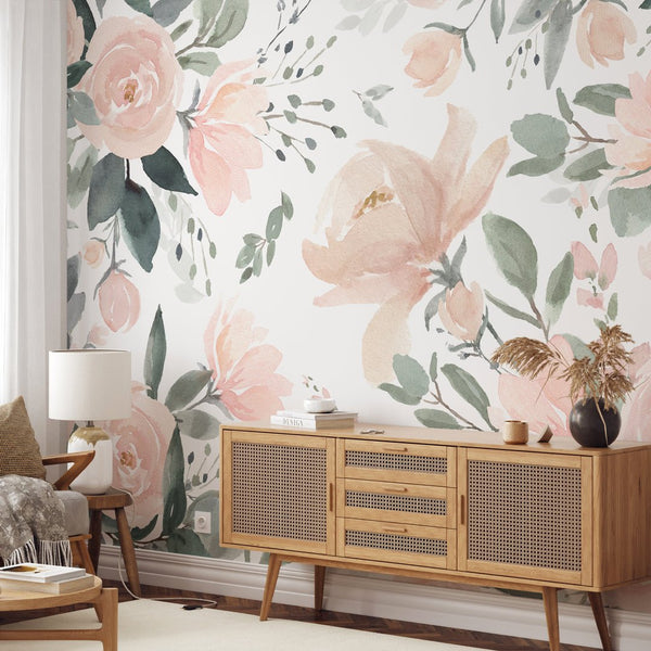 Pink Watercolor Roses Wall Mural WM012 - CostaCover - Peel and stick Removable Wallpaper - adhesive wallpaper - baby bedroom - bedroom wallpaper
