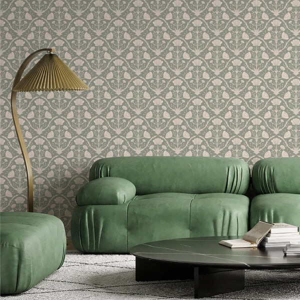 Close-up of symmetrical floral pattern in sage green, adding timeless elegance to traditional bedrooms.