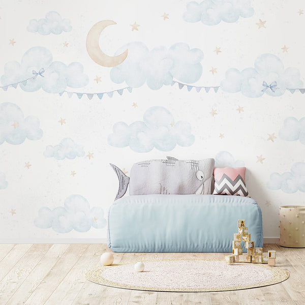 Blue Clouds Moon & Bunting Wall Mural SM071 - CostaCover - Peel and stick Removable Wallpaper - Abstract - abstract wall art - abstract wallpaper