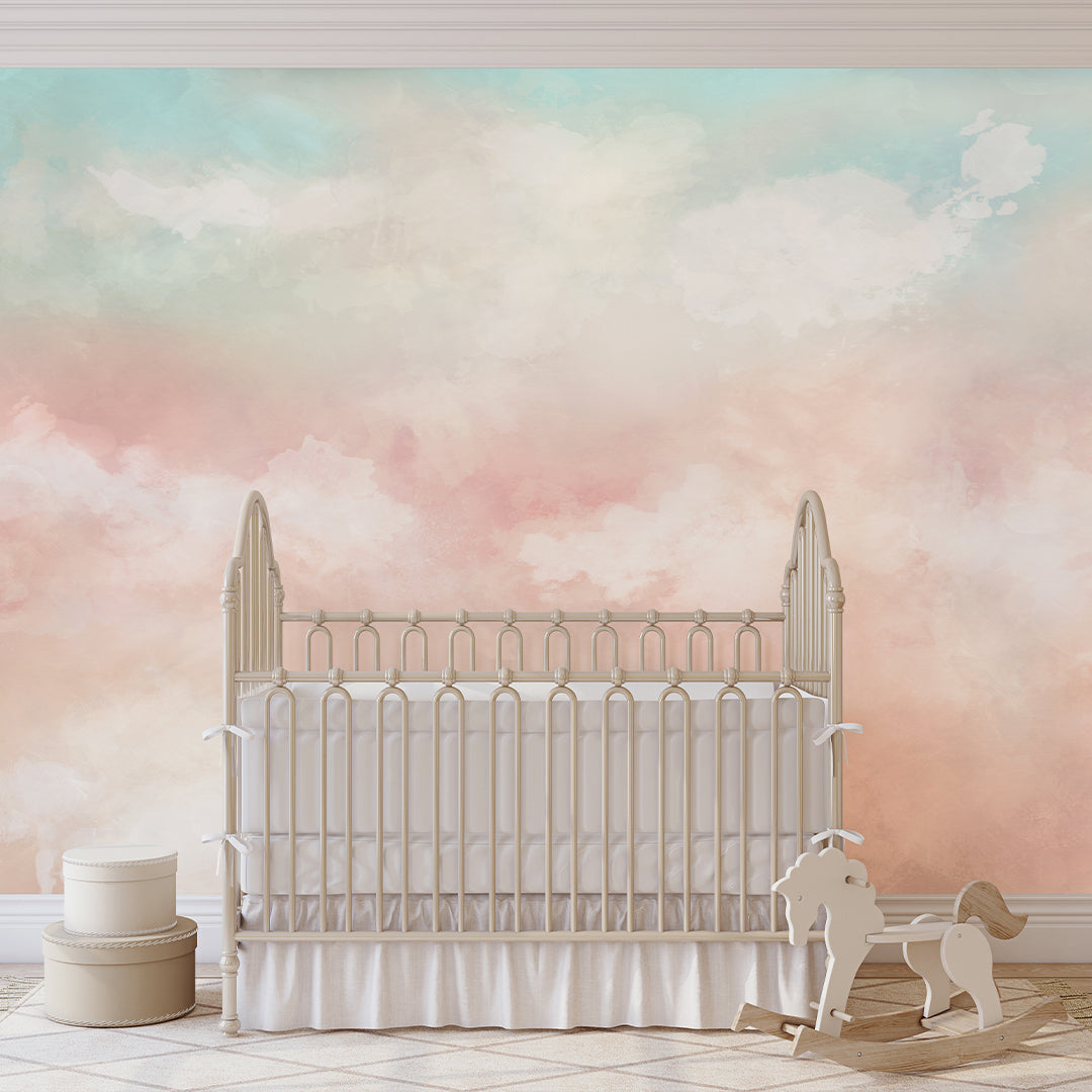 Mint & Pink Sky and Clouds Wall Mural WM089