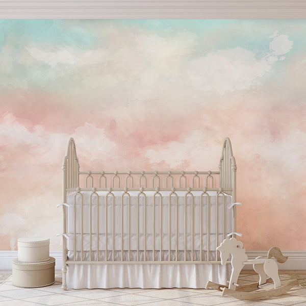 Mint & Pink Sky and Clouds Wall Mural WM089 - CostaCover - Peel and stick Removable Wallpaper - abstract wall art - abstract wallpaper - accent wallpaper