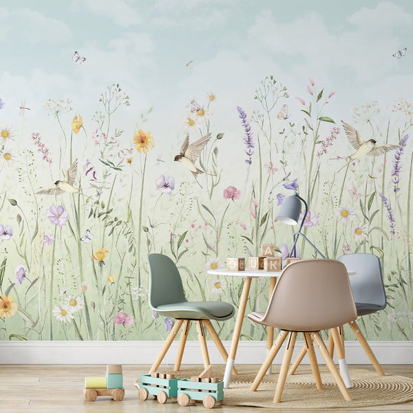 Pastel Wildflowers Meadow Wall Mural SM040 - CostaCover - Peel and stick Removable Wallpaper - accent wallpaper - adhesive wallpaper - baby bedroom