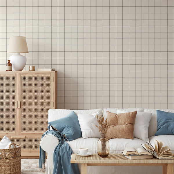 Neutral Stitched Grid Grasscloth Wallpaper CG031