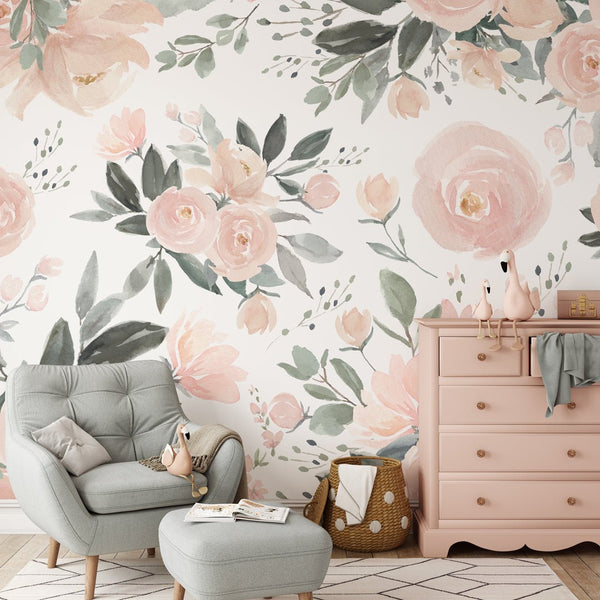 Soft Pink Roses Wall Mural WM011 - CostaCover - Peel and stick Removable Wallpaper - baby bedroom - bedroom wallpaper - blush pink wallpaper
