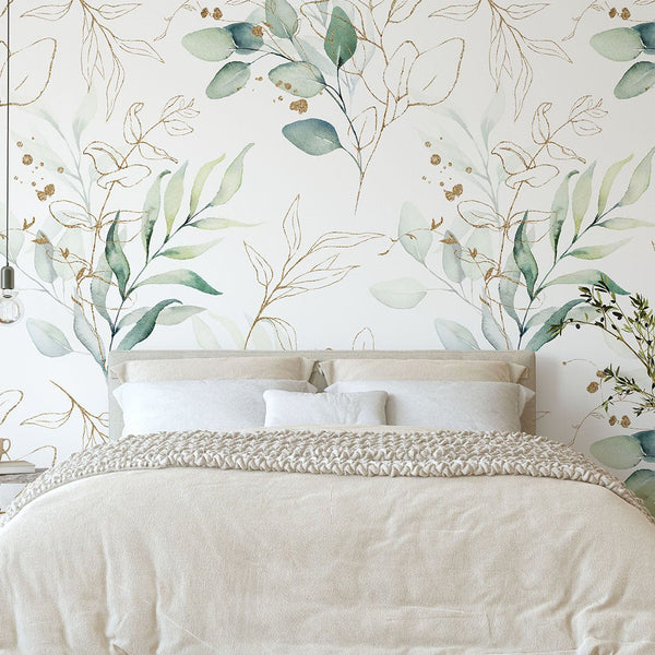 Eucalyptus Leaves Botanical Wallpaper CC227 - CostaCover-Peel and stick Removable Wallpaper-accent wallpaper-adhesive wallpaper-autumn wallpaper