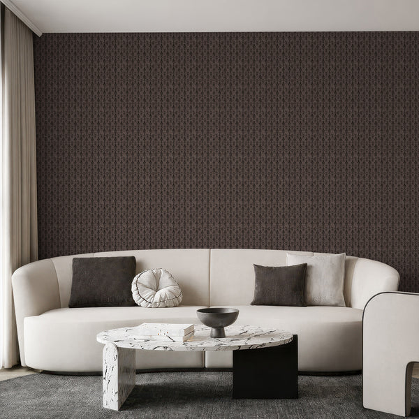 Traditional brown damask wallpaper featuring a tight, rhythmic pattern in dark brown, ideal for creating a rich, antique look in bedrooms or hallways. The distressed background adds a fabric-like texture.