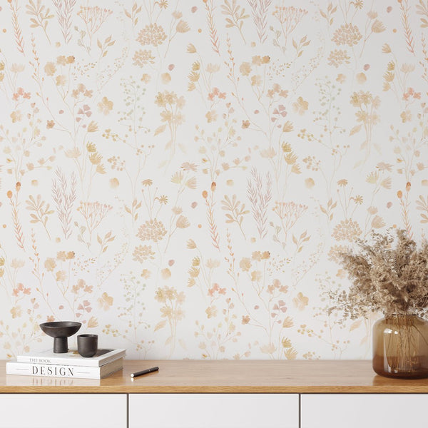 Pink & Gold Wildflowers Wallpaper W136 - CostaCover - Peel and stick Removable Wallpaper - Abstract - abstract floral - abstract wall art