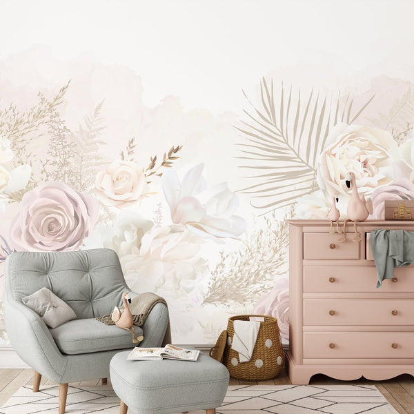 Nude Pink Flowers Wall Mural WM008 - CostaCover - Peel and stick Removable Wallpaper - beige wallpaper - blush pink wallpaper - botanical