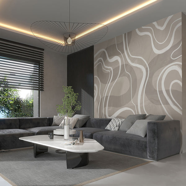 Neutral beige wall mural with sweeping white organic curves and subtle texture, ideal for a contemporary bedroom or living room accent wall.