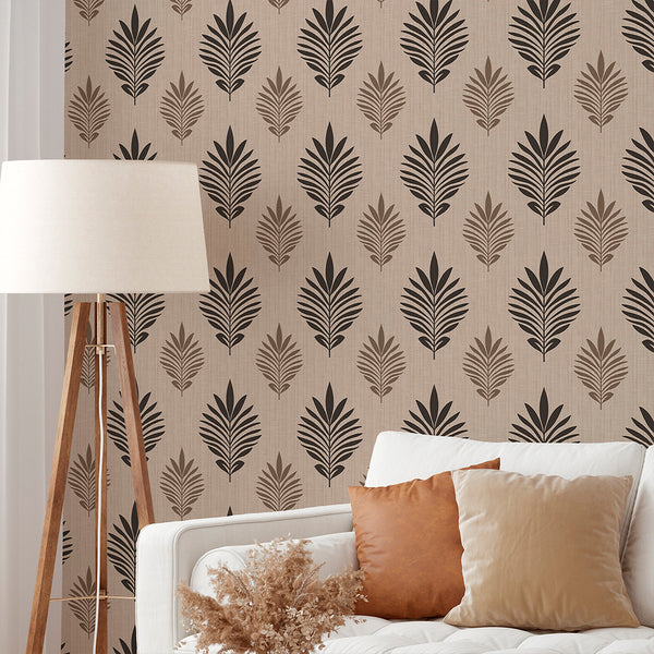 Beige Black Leaf Wallpaper L026