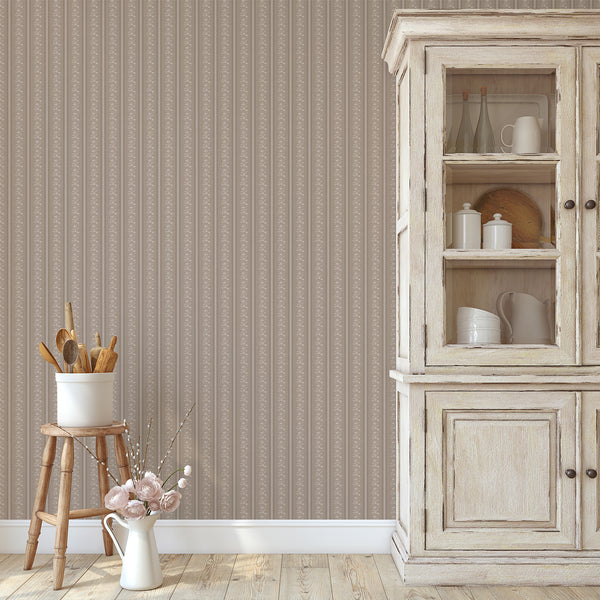 Taupe Beige Floral Stripe Wallpaper L127