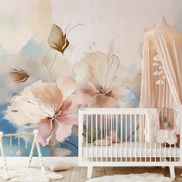 Beige & Blue Painting Flowers Wall Mural CCM154 - CostaCover - Peel and stick Removable Wallpaper - accent wallpaper - adhesive wallpaper - bathroom wallpaper