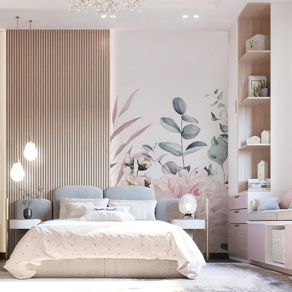 Pastel Pink Green Floral Wall Mural SM024 - CostaCover - Peel and stick Removable Wallpaper - accent wallpaper - adhesive wallpaper - baby bedroom
