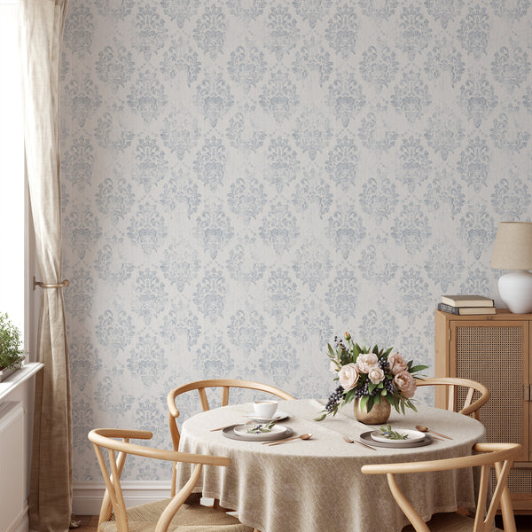 Muted blue-gray damask pattern with distressed shading, perfect for a traditional living room. Self-adhesive, easy to apply, and made in the USA.