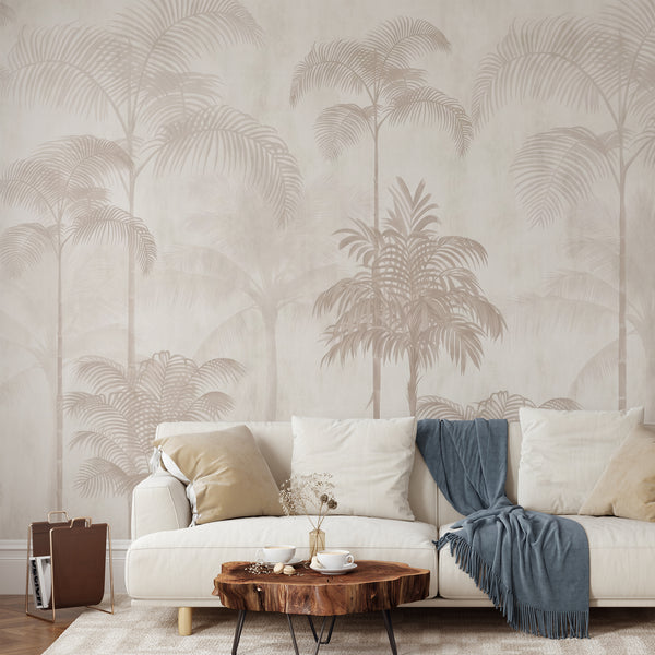 Beige tropical palm tree wallpaper featuring tall elegant palms and layered botanical foliage in soft neutral tones for a serene modern interior.