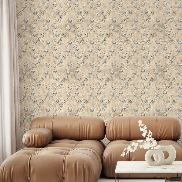 Beige Vintage Flowers Wallpaper S076 - CostaCover - Peel and stick Removable Wallpaper - abstract wallpaper - accent wallpaper - adhesive wallpaper