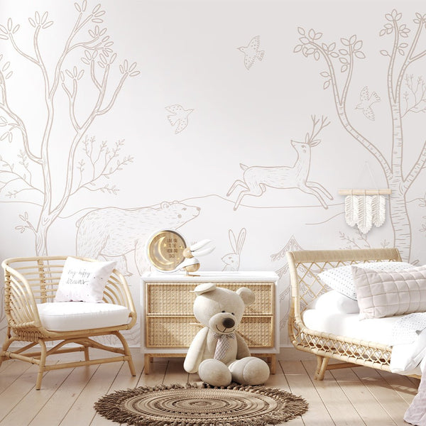 White Beige Forest Animals Wall Mural SM018 - CostaCover - Peel and stick Removable Wallpaper - accent wallpaper - adhesive wallpaper - animal print