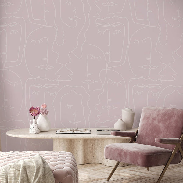 Pink Abstract Female Face Wallpaper CC308 - CostaCover - Peel and stick Removable Wallpaper - Abstract - abstract lines - abstract mural