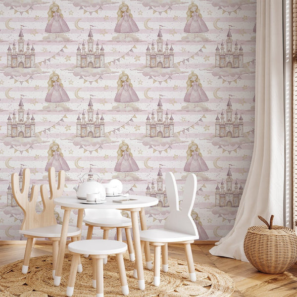 Princess Castle & Stripe Wallpaper A041 - CostaCover-Peel and stick Removable Wallpaper-accent wallpaper-adhesive wallpaper-baby bedroom