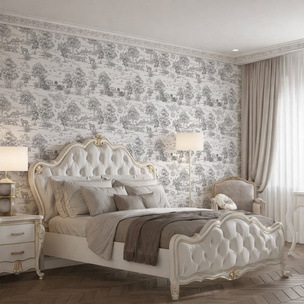 Gray French toile safari wallpaper with finely engraved vignettes, ideal for creating a sophisticated accent wall in traditional or refined interiors. The eco-friendly wallpaper's intricate details add a touch of elegance to bedrooms or dining rooms.